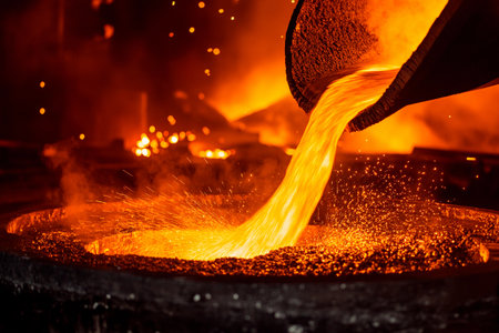Workers pour molten metal into a mold at an industrial foundry. The scene is illuminated by the bright glow of the molten material, creating a dramatic atmosphere.の素材