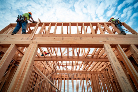 Two construction workers install wooden beams for a house frame while scaffolding under a cloudy blue sky. Teamwork and precision are essential in this building process.の素材