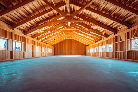 A newly built structure features a spacious wooden interior with high ceilings, exposed beams, and large windows allowing natural light to fill the room.の素材