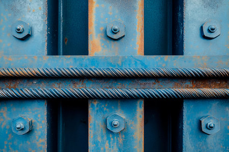 Close-up view of a weathered blue metal structure featuring hexagonal bolts and twisted wire. The industrial design reveals signs of rust and aging over time.の素材