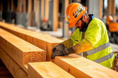 A construction worker wearing safety gear carefully inspects wooden beams on a bustling construction site during the day. The worker is focused on quality and safety.の素材
