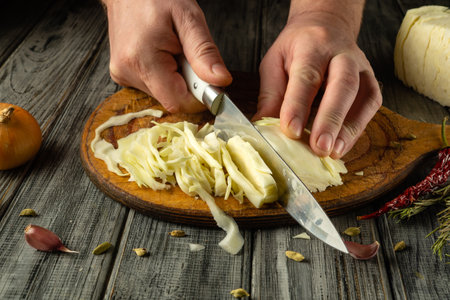 Hands skillfully slice fresh cabbage on a wooden cutting board. Nearby, onions and dried chilies add to the rustic kitchen atmosphere, showcasing meal preparation.の写真素材