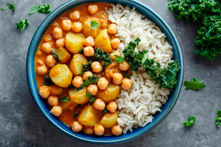 A wholesome bowl features chickpeas and potatoes smothered in flavorful curry sauce, accompanied by fluffy white rice and fresh kale garnish, perfect for a hearty meal.の素材