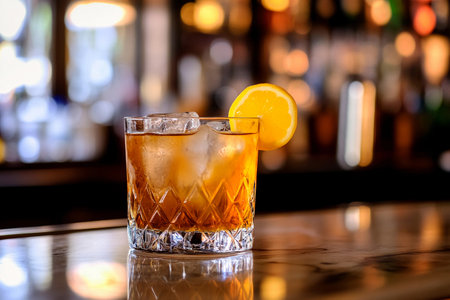 A vibrant cocktail is served over ice in a crystal glass, garnished with a fresh lemon slice. The background features a warm-lit bar, creating a cozy evening atmosphere.の素材