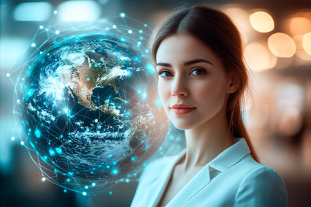 A young woman stands confidently with a digital representation of the Earth beside her, showing interconnected global networks, illuminated by soft background lights.の素材