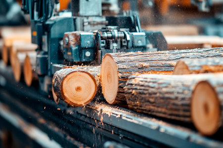 Large machinery operates within a sawmill, cutting logs into timber. Woodchips and sawdust scatter as the machine works efficiently in the bright daylight.の素材