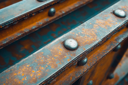 Detailed focus on aged metal beams with rust and rivets, highlighting the textures and colors found in an industrial environment during daylight.の素材