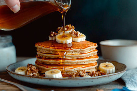 A stack of fluffy pancakes is perched on a plate, adorned with banana slices and walnuts. Warm syrup cascades down, adding sweetness to this inviting breakfast scene.の素材