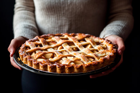 A person holds a freshly baked apple pie with a golden crust and lattice top, showing its warm appeal during an autumn gathering at home.の素材