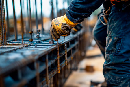 A construction worker gloves wearing carefully positions steel rebar within a framework at a construction site, demonstrating skilled labor and attention to detail during the day.の素材
