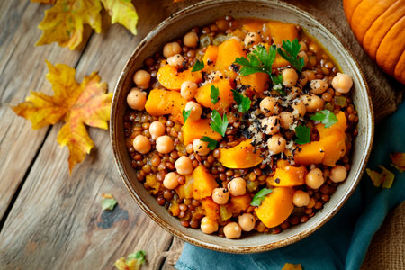 A comforting bowl of chickpeas and squash garnished with fresh herbs sits on a wooden table surrounded by autumn leaves. The warm colors evoke a cozy fall atmosphere.の素材