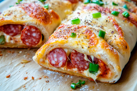 Savory rolls filled with pepperoni and melted cheese are freshly baked, golden brown, and garnished with herbs, ready to be served as a delightful snack.の素材