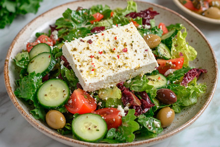 Crisp romaine and leaf lettuce create a vibrant salad topped with feta cheese, olives, and diced tomatoes, embodying a healthy, flavorful dish perfect for lunch.の素材