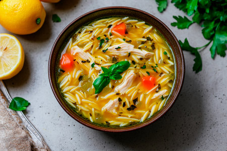 A warm bowl of chicken soup sits on a light countertop, filled with orzo, tender chicken pieces, and colorful vegetables, garnished with fresh basil and lemon slices for a refreshing touch.の素材