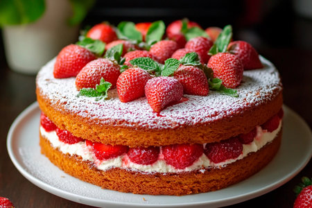 A beautifully crafted strawberry cake rests on a white plate, layered with whipped cream and raspberries, topped with fresh strawberries and mint leaves.の素材