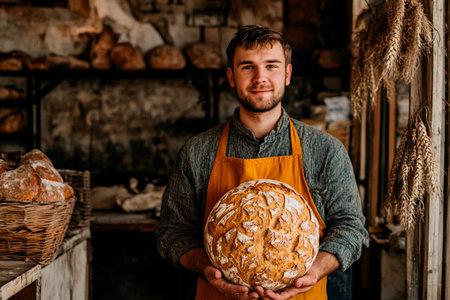 A baker stands in a rustic bakery, holding a round loaf of bread. The shop is filled with various baked goods, and sunlight filters through the windows, creating a warm atmosphere.の素材