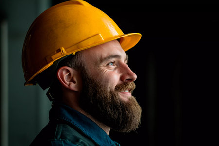 A construction worker stands confidently with a yellow hard hat, smiling as he looks to the side in a dark setting, showing his dedication and professionalism.の素材