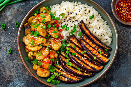 A beautifully arranged plate features grilled eggplant, sautの素材