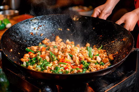 In a lively kitchen, a chef skillfully stir-fries chicken and assorted vegetables in a large wok, creating steam and vibrant colors during the evening hours.の素材