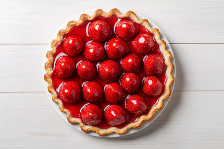 A beautifully arranged strawberry pie sits on a white wooden table, showcasing vibrant red strawberries glistening in a shiny glaze, perfect for dessert.の素材