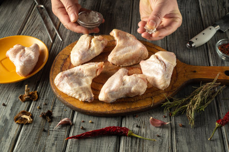 Hands sprinkle salt over freshly cleaned chicken pieces laid out on a wooden cutting board. Spices and herbs surround the board, adding to the culinary atmosphere.の写真素材