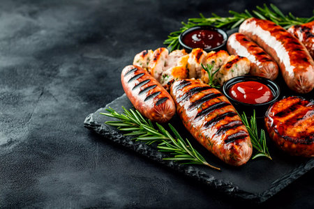 Succulent grilled sausages are artistically arranged on a black stone platter, complemented by fresh rosemary and bowls of rich barbecue sauce for dipping.の素材