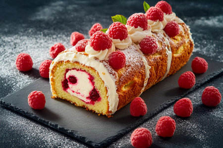Soft sponge cake filled with creamy raspberry filling and topped with whipped cream and fresh raspberries is beautifully arranged on a dark slate platter.の素材