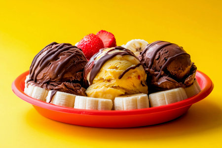 A colorful bowl features three scoops of ice cream in chocolate, vanilla, and strawberry flavors, complemented by fresh strawberries and banana slices, set against a bright yellow background.の素材