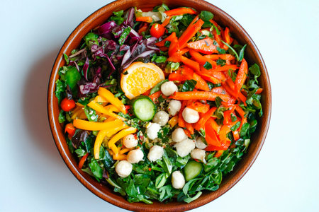 A vibrant salad features greens, tomatoes, cucumbers, peppers, and herbs, all beautifully arranged in a wooden bowl against a simple white background.の素材