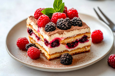 A beautifully presented dessert features layers of creamy filling, chocolate, and ripe raspberries on a light-colored plate. Fresh berries garnish the dish, enhancing its appeal.の素材