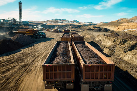 Heavy mining trucks are busy transporting large quantities of minerals in an expansive industrial area under a bright blue sky. The rugged terrain is filled with piles of extracted resources.の素材