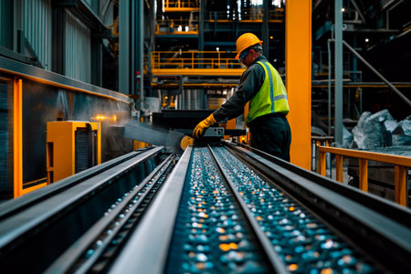 A worker in safety gear operates machinery inside an industrial facility during the day, focusing on materials moving along a conveyor belt for processing.の素材