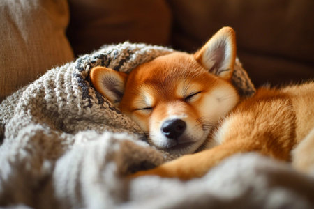 A Shiba Inu rests comfortably while snuggled in a soft, textured blanket within a cozy living room. The dog's peaceful demeanor reflects a warm and tranquil atmosphere.の素材