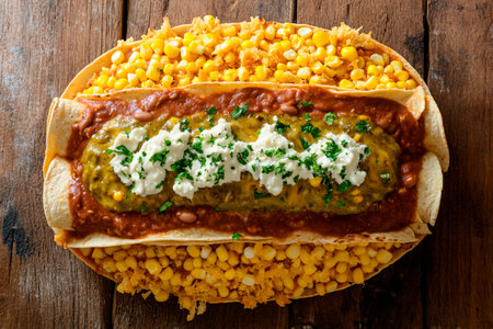 A large enchilada filled with sauce and herbs sits atop a generously serving of sweet corn. The setting is warm and inviting, showcasing vibrant colors and textures.の素材