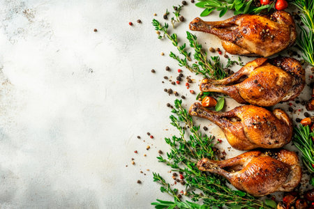 Succulent roasted chickens are arranged artistically with fresh herbs and spices, creating a mouthwatering display for a special occasion in a warm kitchen atmosphere.の素材