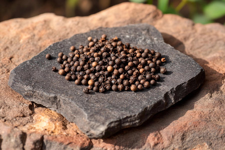 A collection of black pepper seeds is arranged on a dark stone slab in a garden. The natural sunlight highlights the texture and color of these seeds against the rough stone surface.の素材
