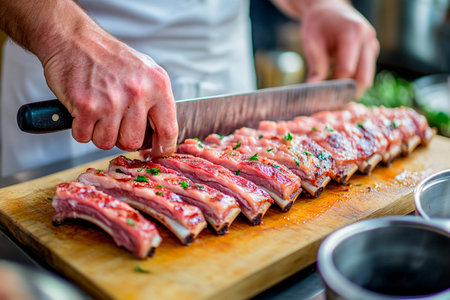 A chef is expertly cutting into a tray of succulent, freshly cooked ribs, showcasing culinary skill and attention to detail in a lively kitchen environment.の素材