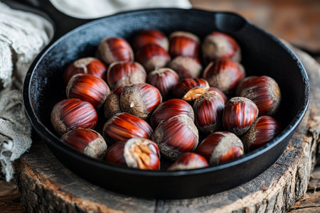 A cast iron pan filled with freshly harvested chestnuts sits on a wooden surface. The rich, shiny shells contrast beautifully with the rustic background, creating an inviting autumn atmosphere.の素材
