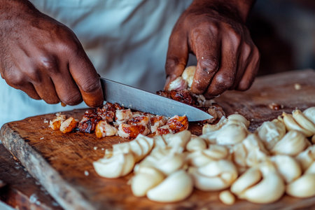 Skilled hands are chopping through meat and dough on a wooden cutting board in a kitchen. The warm atmosphere suggests a busy cooking session, highlighting culinary expertise.の素材