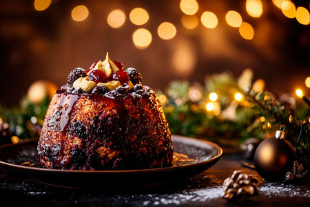 A striking holiday dessert adorned with vibrant berries and a creamy topping sits on a dark plate. Surrounding decorations include twinkling lights and festive greenery, creating a warm atmosphere.の素材