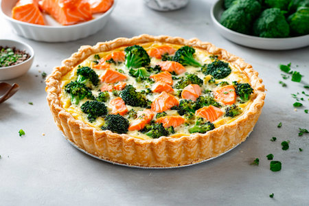 Flaky pastry crust filled with a savory mixture of salmon and broccoli sits on a light-colored table. Fresh herbs and green vegetables complement the dish perfectly.の素材