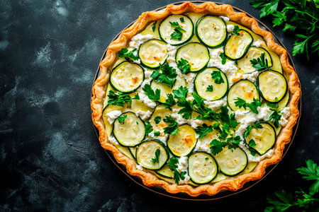A delicious zucchini tart features a golden crust filled with creamy cheese and topped with freshly sliced zucchini and vibrant parsley. It is artistically arranged on a dark stone surface.の素材