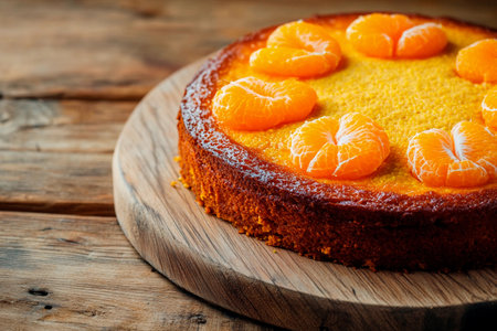 A citrus cake is beautifully presented on a round wooden board, garnished with slices of fresh mandarin oranges, showing vibrant colors and textures.の素材