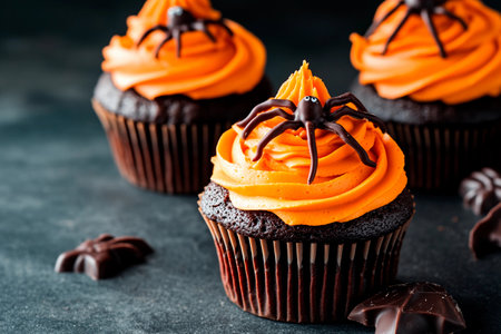Delicious chocolate cupcakes topped with vibrant orange frosting and whimsical chocolate spider decorations create a festive Halloween treat. Perfect for celebrations.の素材