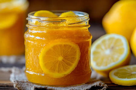 Bright lemon marmalade fills a glass jar, showcasing vibrant golden hues and fresh lemon slices. Nearby, whole lemons complement the rustic setting on a wooden surface.の素材