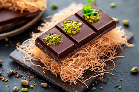 An exquisite presentation showcases dark chocolate pieces adorned with crushed pistachios. This delightful dessert is beautifully arranged on thin pastries that add texture and flavor.の素材