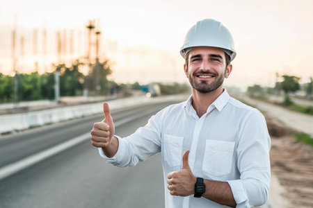 A construction worker is giving a thumbs up near a new highway project. He wears a hard hat and a white shirt, standing alongside the road as the sun sets in the background.の素材