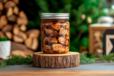 Jars filled with succulent canned mushrooms are displayed on a rustic wooden stand, surrounded by a soft green backdrop. This vibrant setting showcases homemade preserving skills.の素材