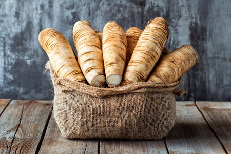 A burlap basket filled with freshly harvested horseradish roots sits atop a weathered wooden table. The earthy tones and textures highlight the organic nature of the produce.の素材