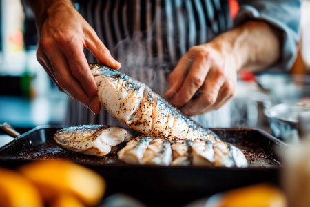 A chef expertly handles grilled fish fillets, seasoning them before serving. The vibrant kitchen setting creates an appetizing atmosphere during a bustling lunchtime.の素材